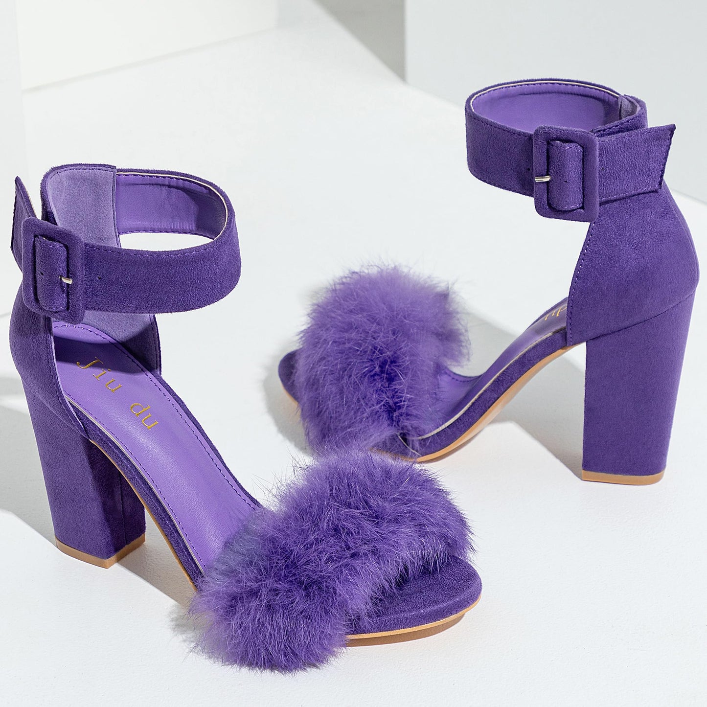 Women's Faux Fur Block Heels Ankle Strap Open Toe Sandals