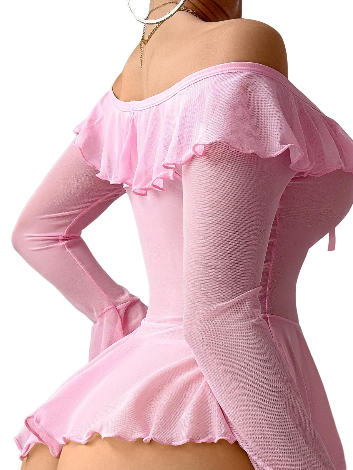 Sheer Ruffle Long Sleeve Babydoll Lingerie Dress Pink M