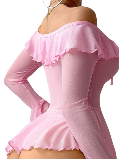 Sheer Ruffle Long Sleeve Babydoll Lingerie Dress Pink M