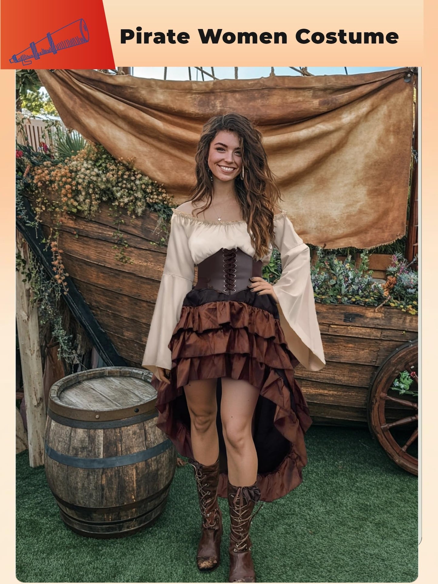 Women's Renaissance Pirate Wench Costume with Corset, Skirt & Blouse