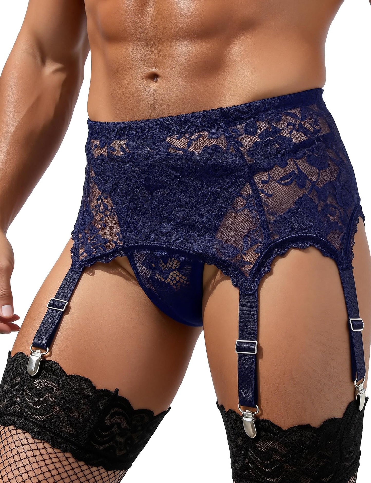 Men's 6-Strap High-Waist Blue Lace Garter Belt with Metal Clamps Adjustable Suspenders Garter Belts for Thigh Highs, M