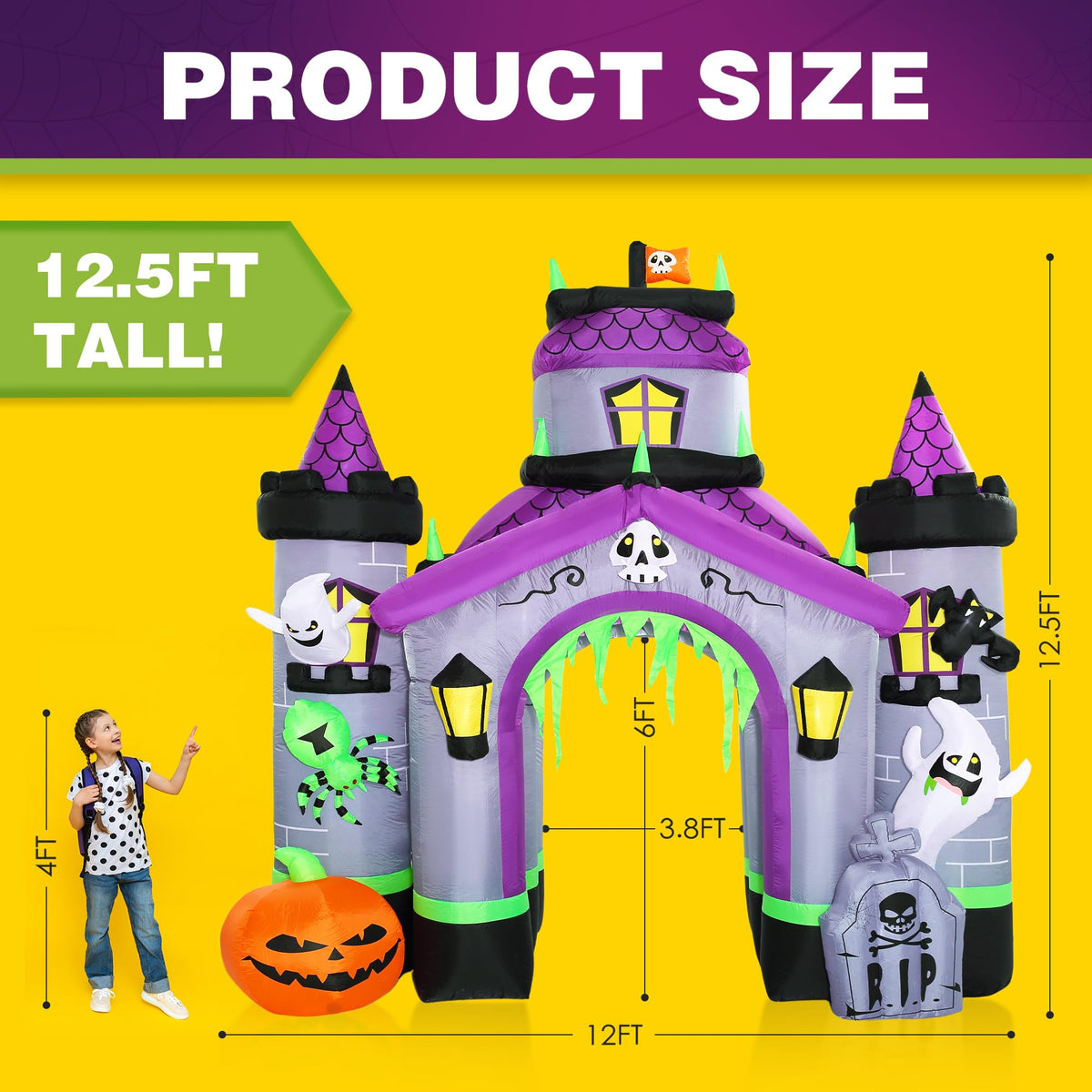 Halloween Inflatables Giant 12.5 FT Haunted House Castle Archway Outdoor Decorations, Large Halloween Arch Blow Up Yard Decorations for Front Lawn Garden Decor