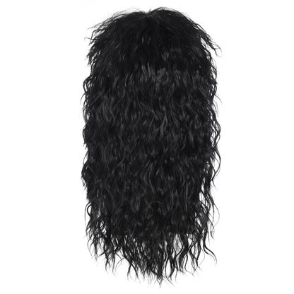 Men’s 80s Style Long Black Curly Hair Wig Glam Rock-Rocker Wig Perfect for Halloween, Cosplay, DIY Themed Costume Party
