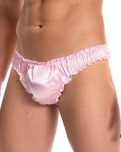 Satini Men's Satin Ruffle Sissy Thong Tanga Knickers Briefs Panties (Baby Pink, L)