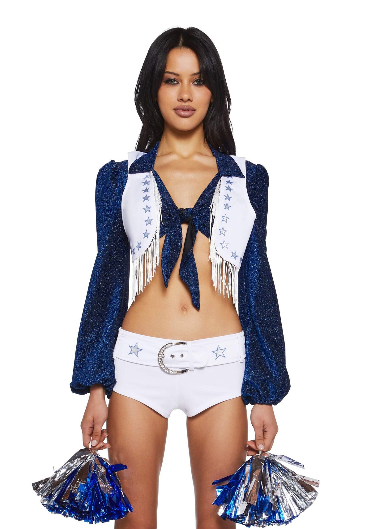 Dolls Kill Lone Star Cheerleader Costume Set by Trickz N' Treatz – Crop Top, Shorts, Vest, Pom-Poms, and Hair Clip – Blue, XX-Small