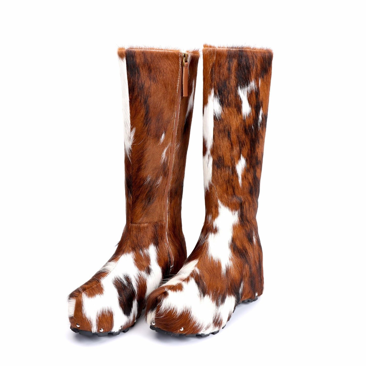 XOBZJH Women’s Wide Calf Cowgirl Boots – Handmade Knee-High Country Cowboy Winter Boots with Genuine Calf Hair, Shearling Lining & Platform Sole, Retro Western Style