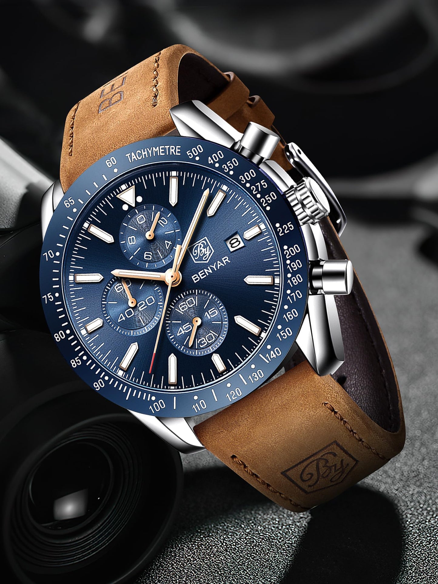 BY BENYAR Mens Watches Analog Quartz Chronograph Waterproof Luminous Watch for Men Business Work Sport Casual Brown Leather Band Dress Men's Wrist Watches Elegant Gifts for Men