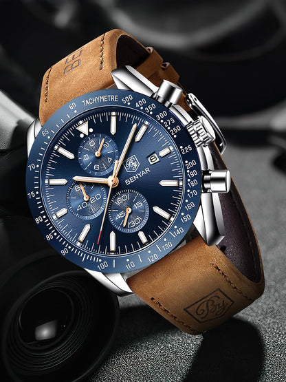 BY BENYAR Mens Watches Analog Quartz Chronograph Waterproof Luminous Watch for Men Business Work Sport Casual Brown Leather Band Dress Men's Wrist Watches Elegant Gifts for Men