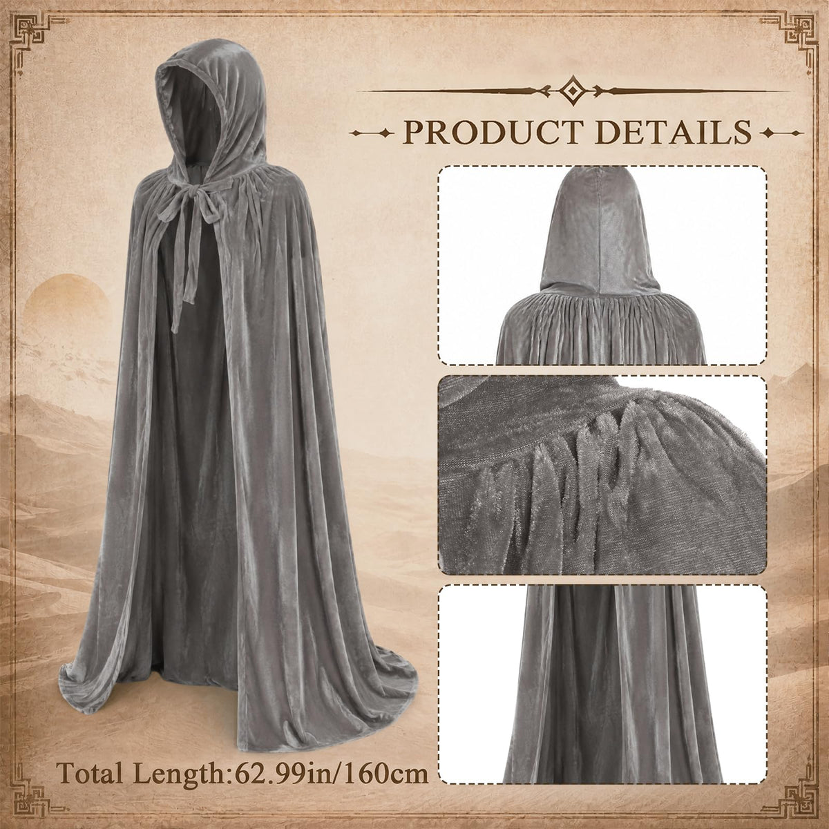 2 Pcs Halloween Desert Costume Set for Women Men, Hooded Coak& Long Scarf