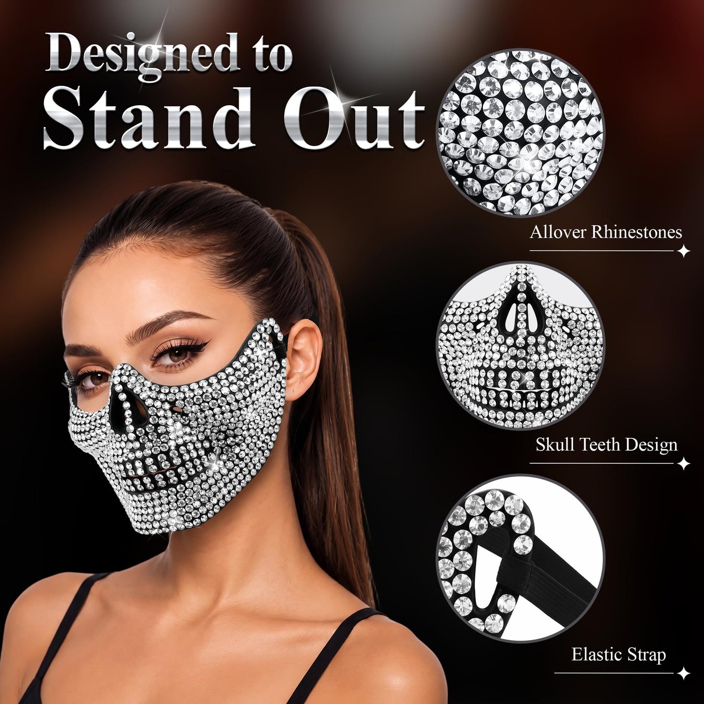 Bling Rhinestone Skull Half Mask, Rhinestone Halloween Face Mask
