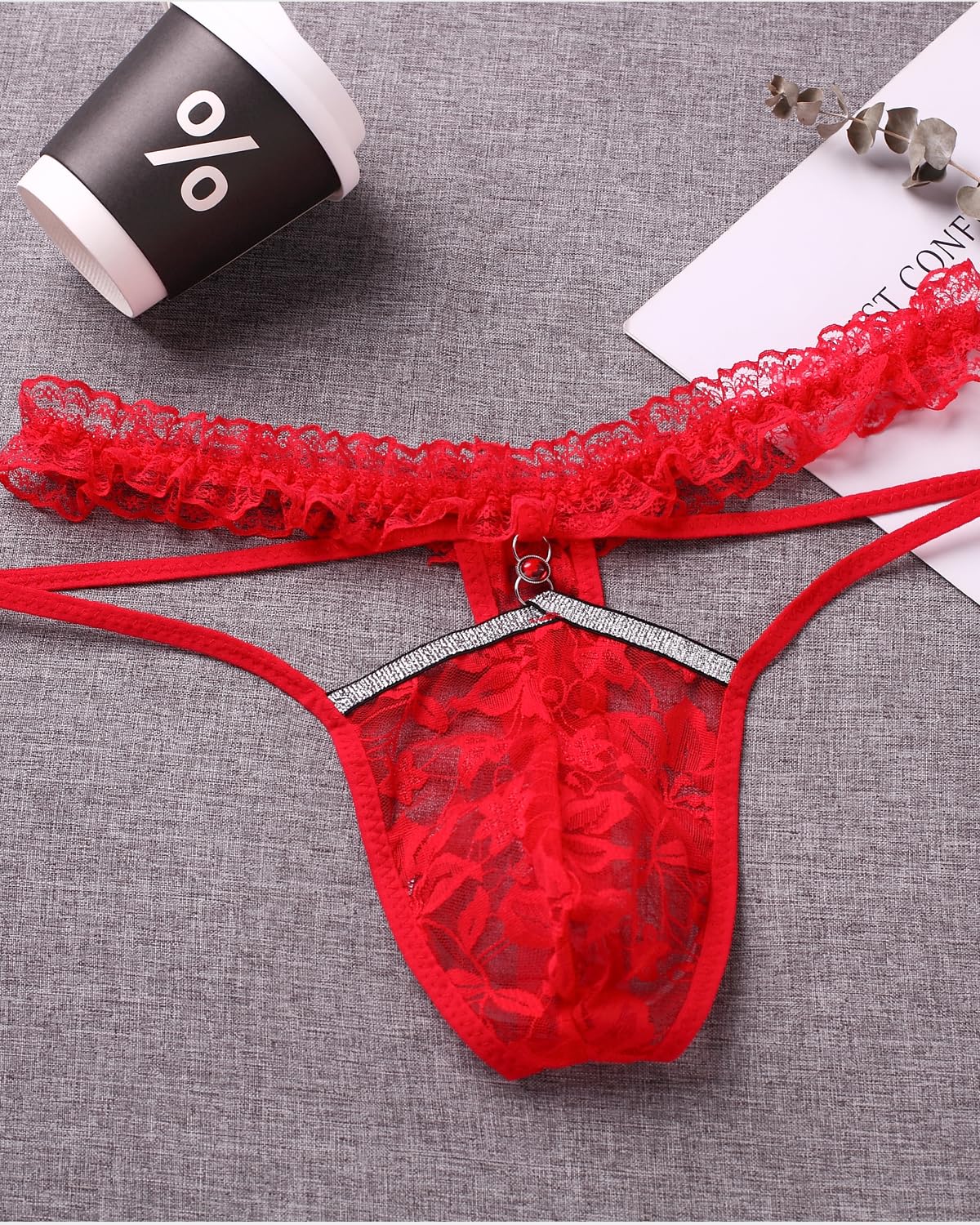 Mens Lace Frilly Sissy Panties Pouch Thong, Feminine G string Underwear For Men Sexy Lingerie (US, Alpha, One Size, Regular, Regular, Red)