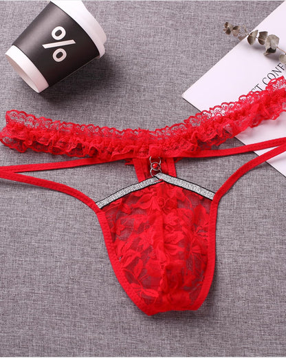 Mens Lace Frilly Sissy Panties Pouch Thong, Feminine G string Underwear For Men Sexy Lingerie (US, Alpha, One Size, Regular, Regular, Red)