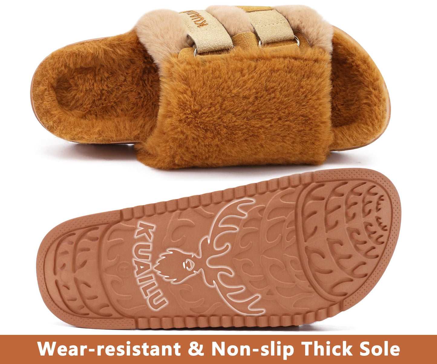 KuaiLu Womens Fuzzy Platform Open Toe Slipper with Arch Support Fluffy Furry Slides Orthotic Faux Fur Sandal Ajustable House Slippers Indoor Outdoor Camel Size 9