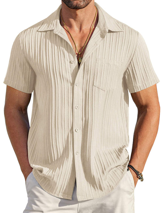 COOFANDY Men's Summer Linen Shirts Short Sleeve Button Down Shirts for Men Fashion Beach Casual Shirt Beige