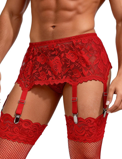 Men's 6-Strap High-Waist Red Lace Garter Belt with Metal Clamps Adjustable Suspenders Garter Belts for Thigh Highs, M