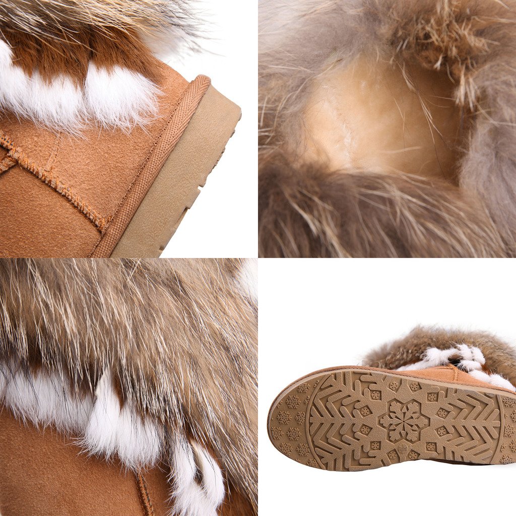 APHNUS Womens Mid Calf Boots Cow Leather Fur Snow Boots Brown US7.5