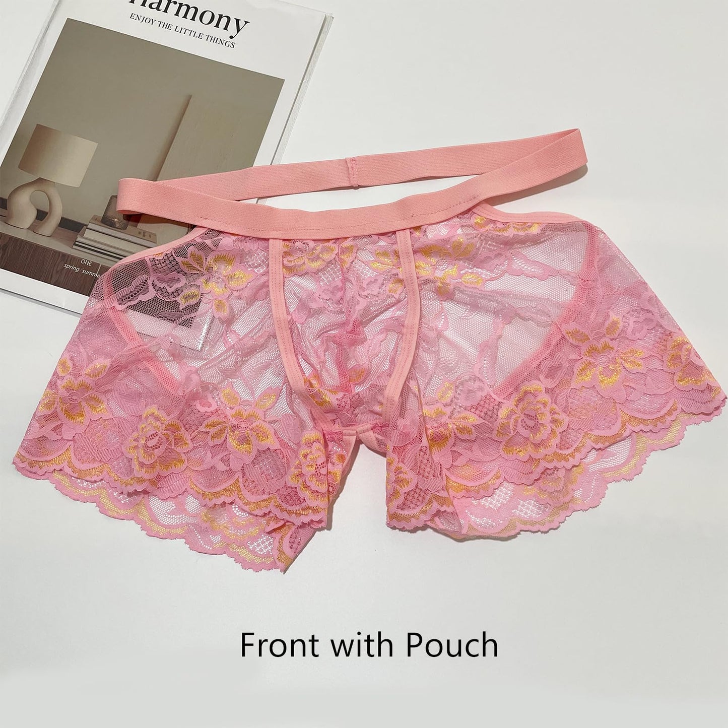 Mens Sexy Boxer Briefs Breathable Lace Underwear (US, Alpha, One Size, Regular, Regular, Pink)