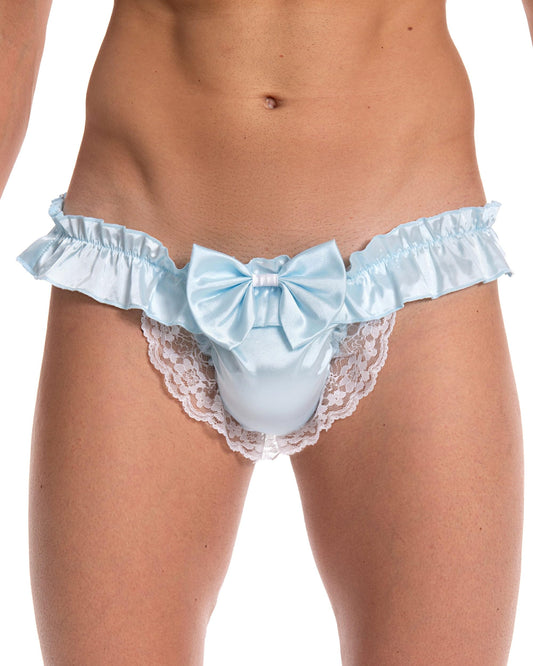 Satini Men's Satin Ruffle Bow Thong Sissy Knickers Briefs Jockstrap Panties (Baby Blue, XXL)