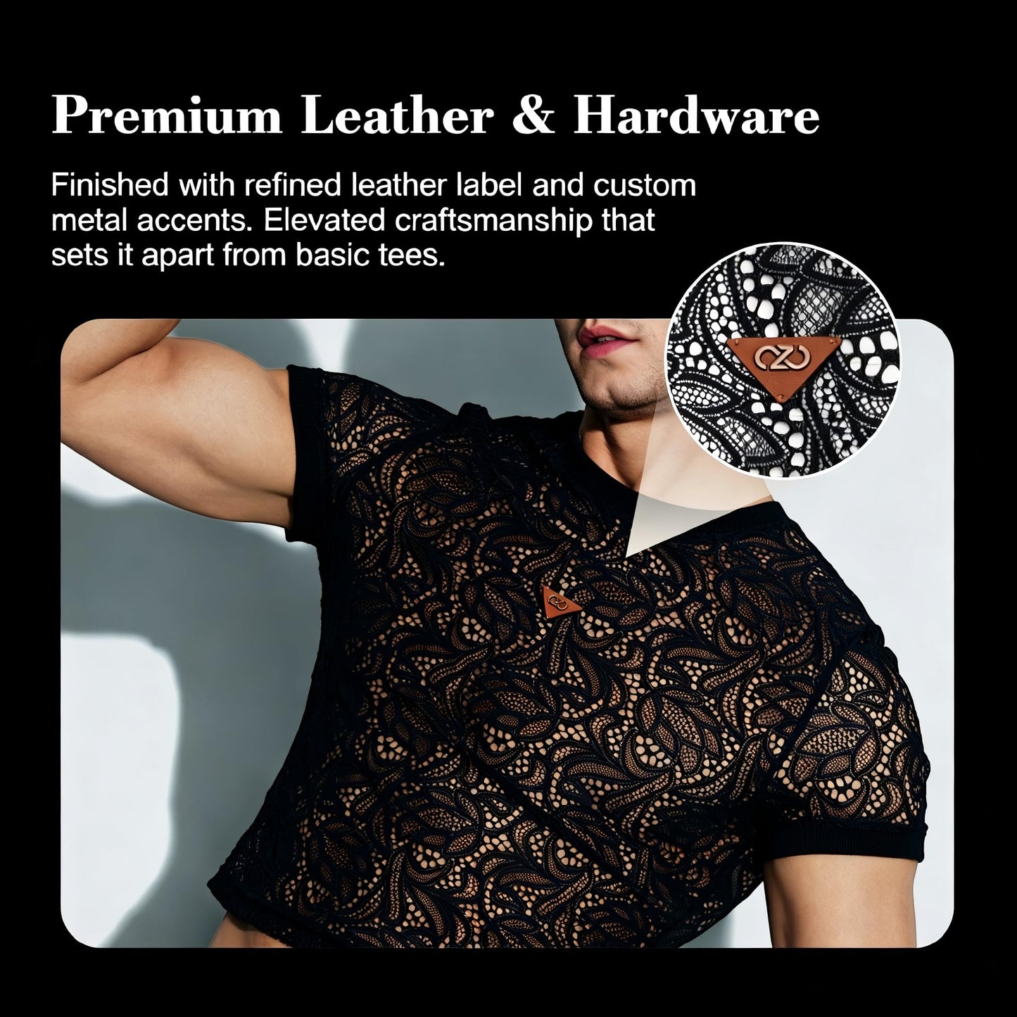 BSZN Men's Sexy T-Shirt, Black Paisley Lace Semi Transparent Crew Neck Short Sleeve Slim Fit Tailored Cut Sexy Clubwear Base Layer