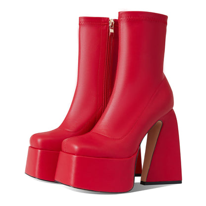 Red Platform Boots for Women Mid Calf Boots Square Toe Chunky High Heel Boots Side Zipper Ankle Booties
