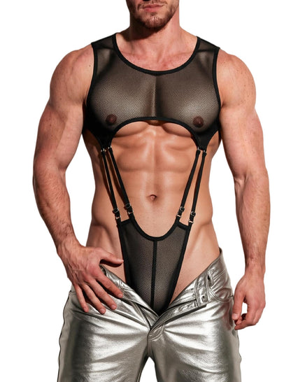Men Sexy Lingerie Fishnet Bodysuit One Piece Lingerie Top Club Rave Outfit