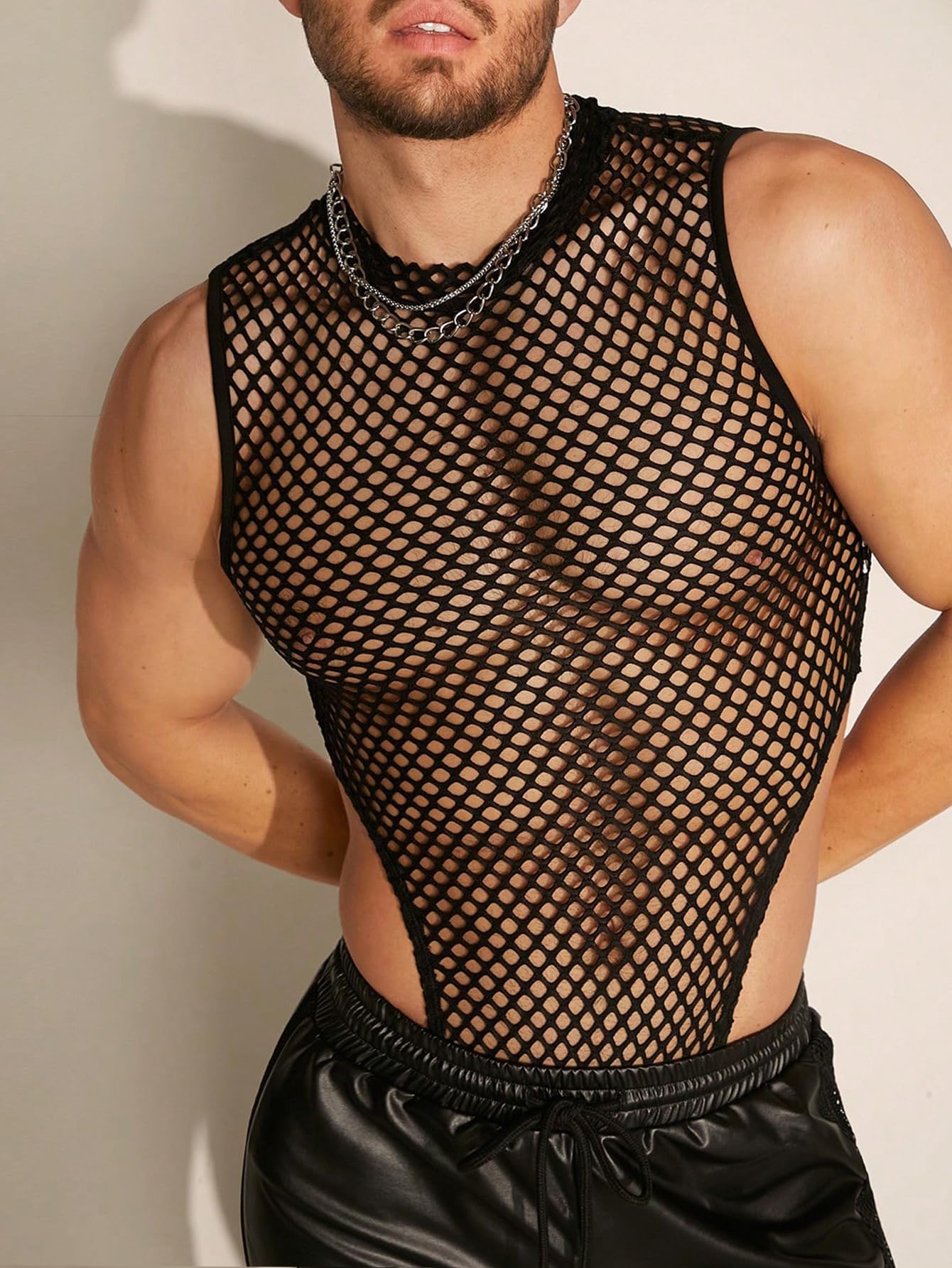 WDIRARA Men's Fishnet Mesh Mock Neck Vest Top Sleeveless Sheer Party Tank Tops Bodysuit Black Medium