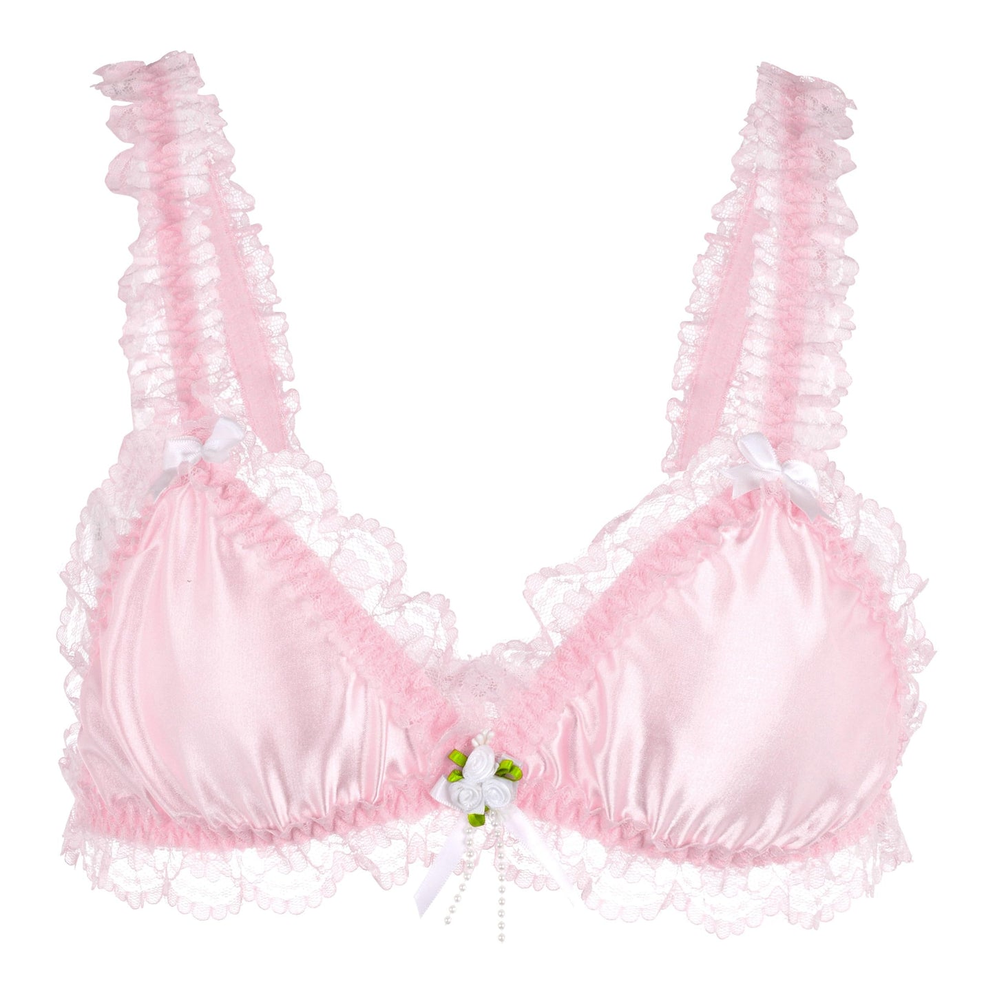 Satini Sissy Frilly Lace Fitted Satin Bralette (Baby Pink, S)