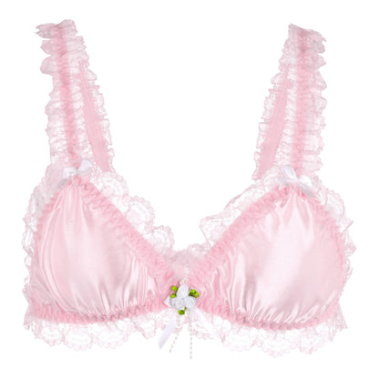 Satini Sissy Frilly Lace Fitted Satin Bralette (Baby Pink, S)