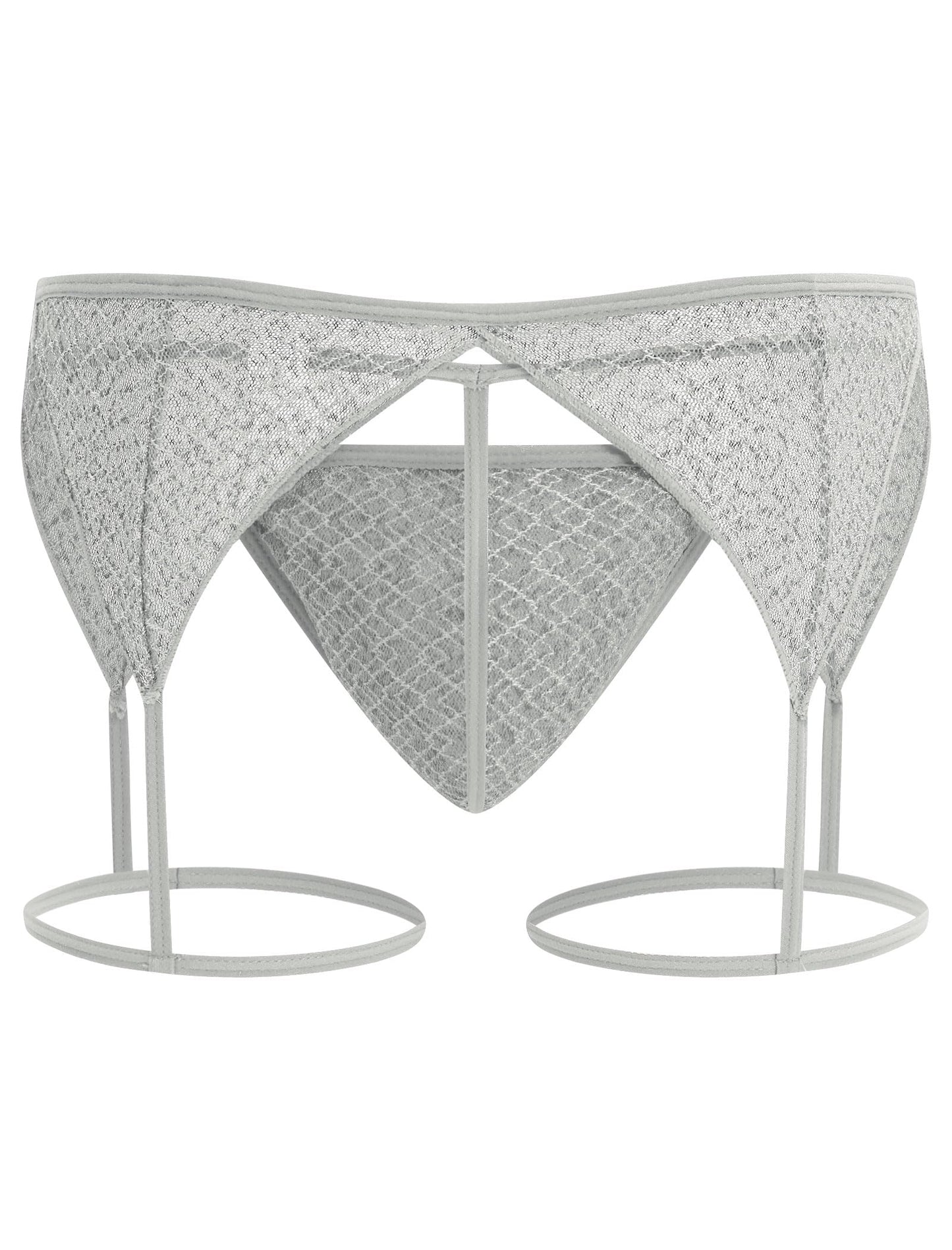 Men's Sissy Lingerie Sheer Mesh G-string Thong Lace Panties with Garter Band Crossdresser Underwear Light Gray Medium