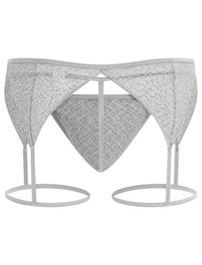 Men's Sissy Lingerie Sheer Mesh G-string Thong Lace Panties with Garter Band Crossdresser Underwear Light Gray Medium