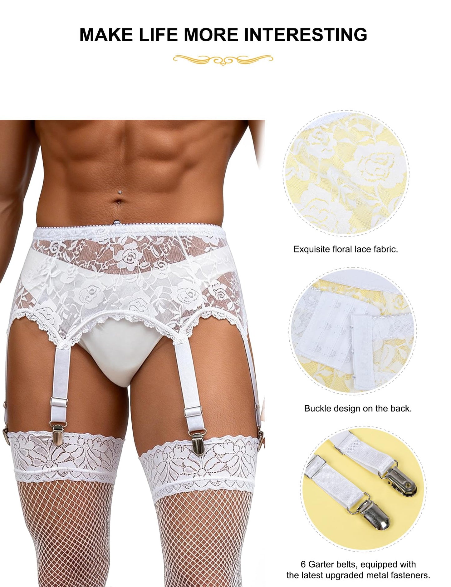 Men's 6-Strap High-Waist White Lace Garter Belt with Metal Clamps Adjustable Suspenders Garter Belts for Thigh Highs, M