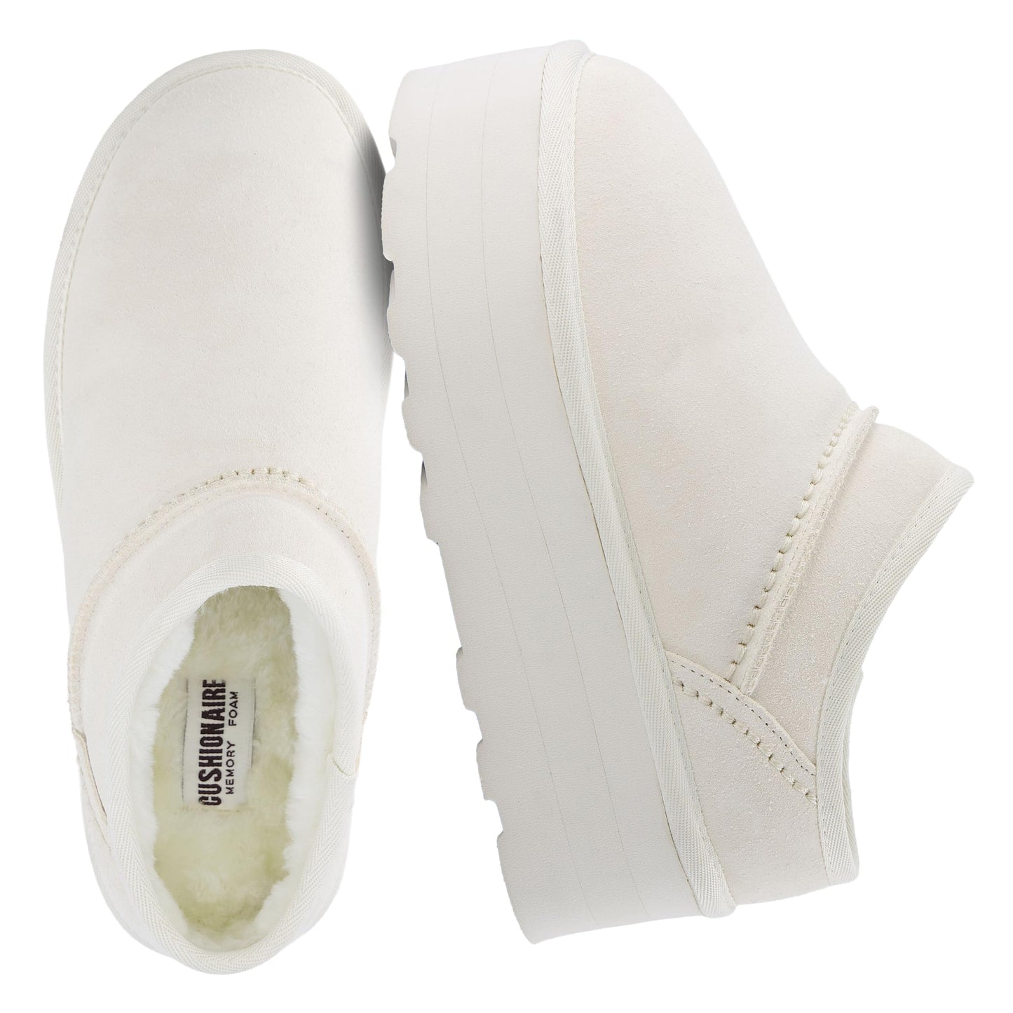 CUSHIONAIRE Huggy-2 Platform Slippers for Women, Cozy Genuine Suede Slip-On Ankle Boots for Indoor Outdoor Wear, Womens Slippers, OFF WHITE 9W