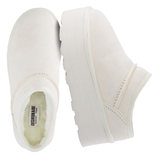 CUSHIONAIRE Huggy-2 Platform Slippers for Women, Cozy Genuine Suede Slip-On Ankle Boots for Indoor Outdoor Wear, Womens Slippers, OFF WHITE 9W