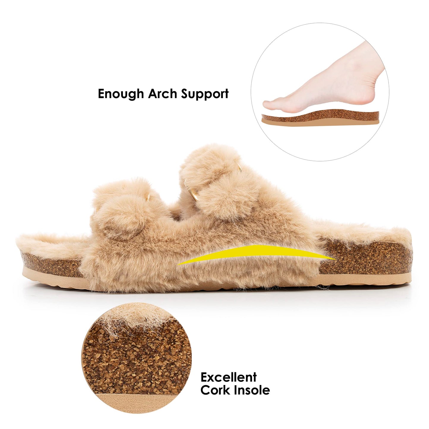 Womens Open Toe Slippers,Faux Rabbit Fur Cork Slides Sandals