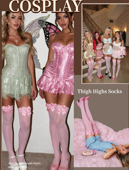 Avidlove Pink Thigh High Socks with Satin Bow Women Opaque Thigh High Socks