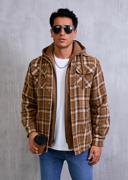 KOMANA Men's Zip Button Sherpa Plaid Flannel Shirt Jacket with Hood Brown Small