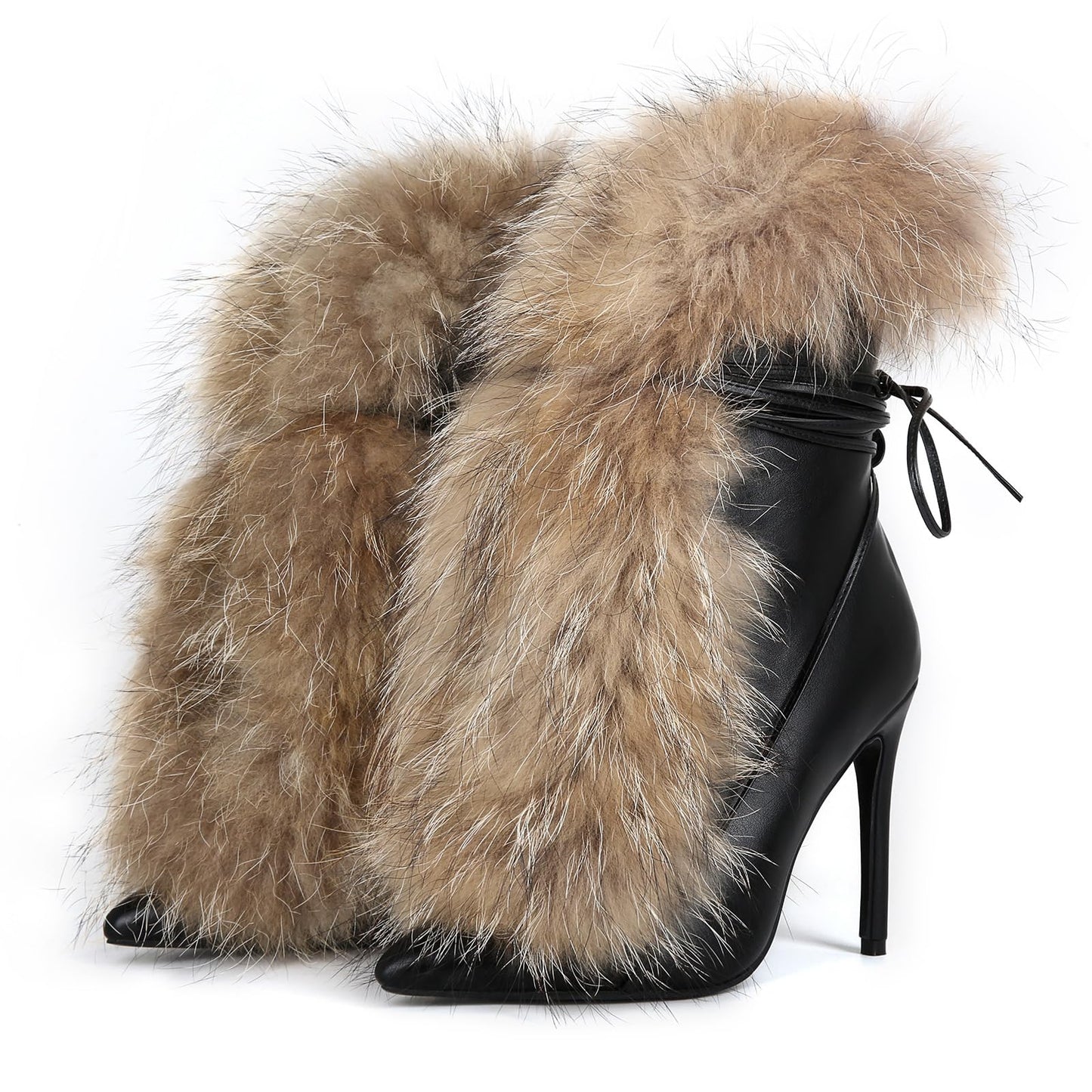 Maiosfy Furry Pointed Stiletto Heels with Straps Large Size Ankle Boots Heavy-Duty Soft Faux Fur Shoes Clubwear for Party Evening Footwear Unisex
