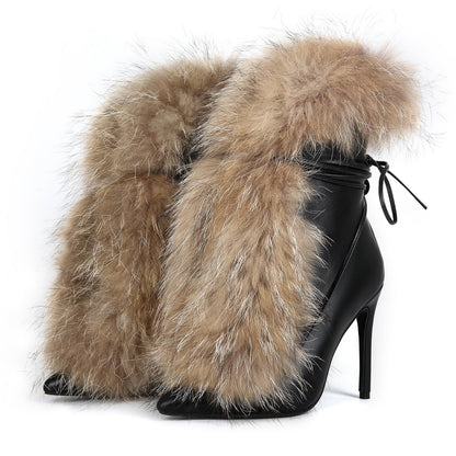 Maiosfy Furry Pointed Stiletto Heels with Straps Large Size Ankle Boots Heavy-Duty Soft Faux Fur Shoes Clubwear for Party Evening Footwear Unisex