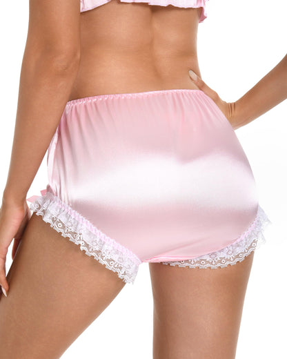 Satini Frilly Lace Sissy Silky Satin Full Coverage Adult Diaper Cover Briefs Lingerie Underwear Panties (Baby Pink - White, XXL)