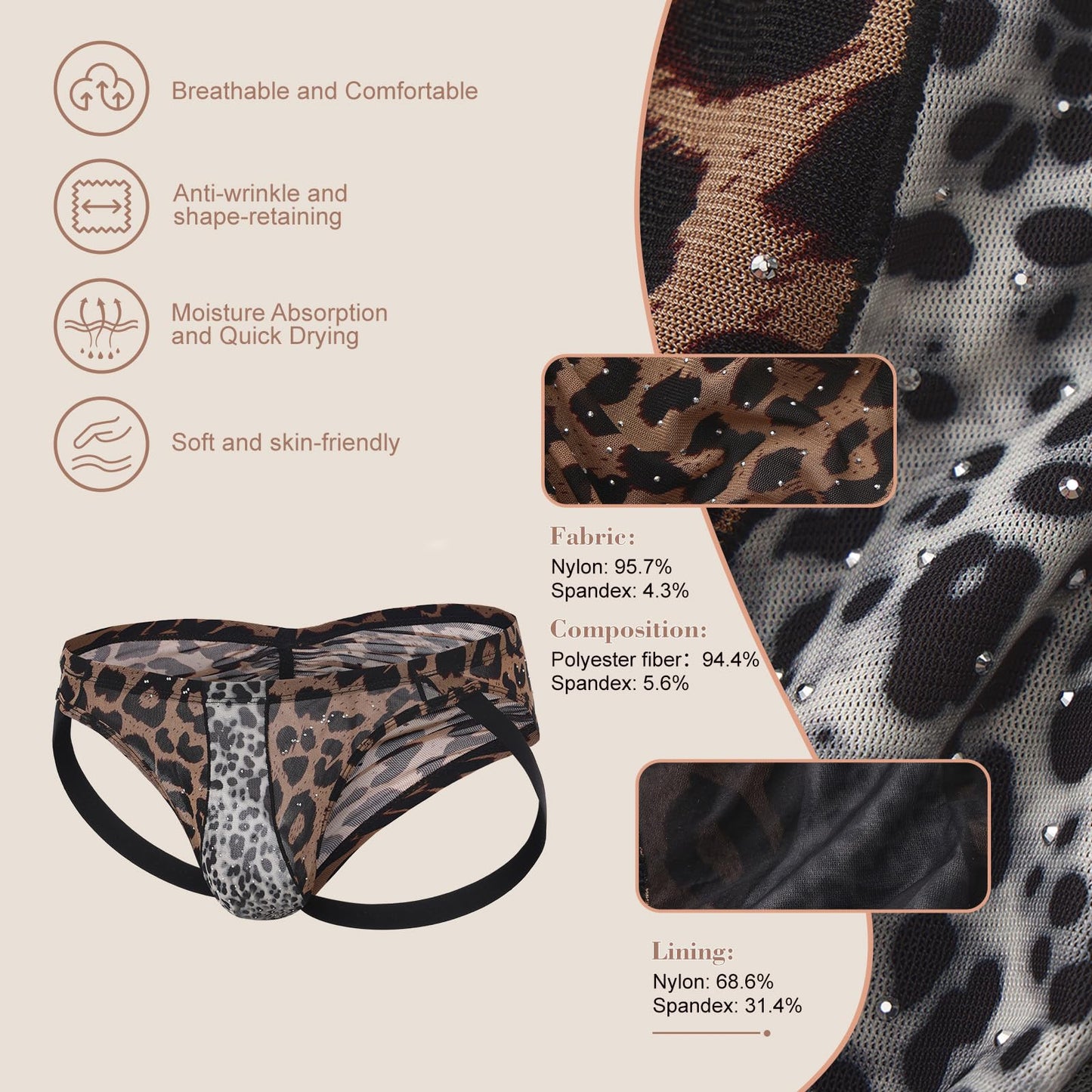 BSZN Men's Rhinestone Leopard Jockstrap, Classic Brown