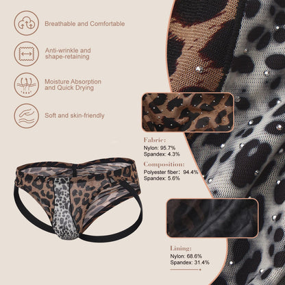 BSZN Men's Rhinestone Leopard Jockstrap, Classic Brown