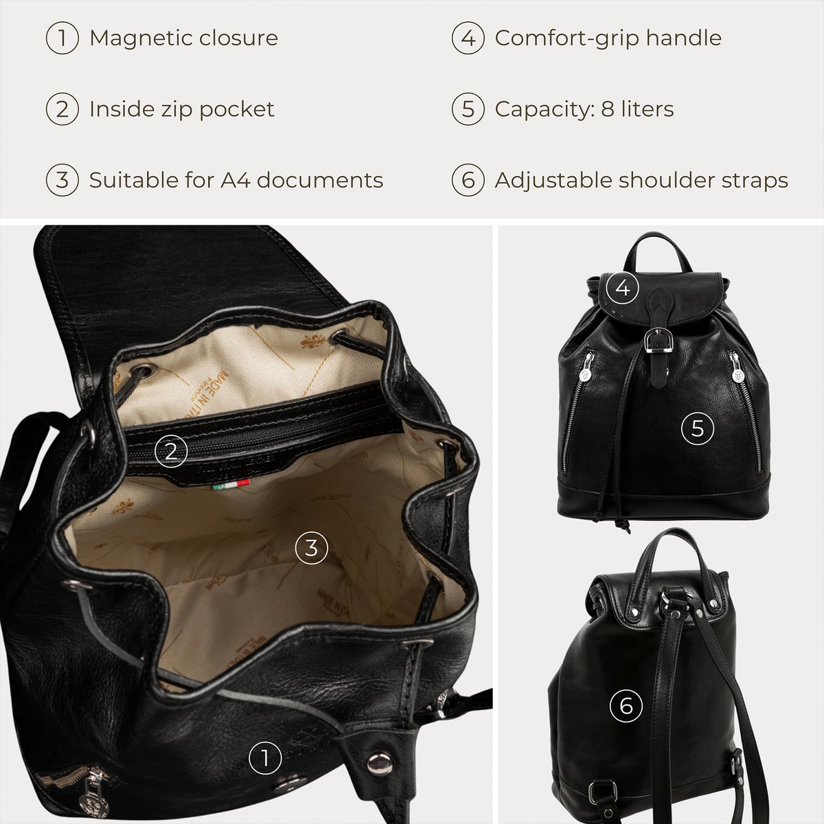Time Resistance Ladies Leather Backpack - Small Business Casual Fashion Backpack for Women (Black)