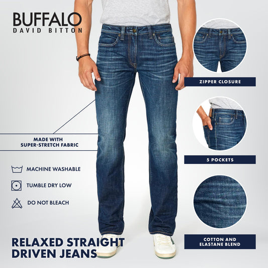Buffalo David Bitton Men's Relaxed Straight Driven Jeans, Dark Blue Sanded Indigo, 31W x 34L