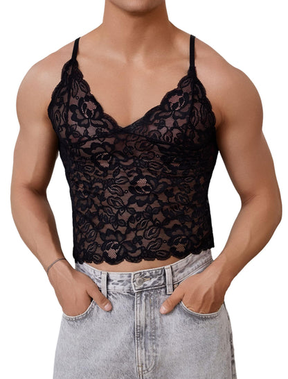 Men’s Lace Cami Top Floral Sheer Camisole Ruffle V-Neck Sleeveless Shirt See Through Undershirt Black Medium