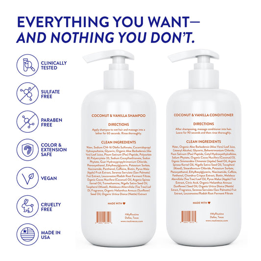 Routine Wellness Bundle - Shampoo and Conditioner Set for Thinning Hair, Two Serums for Scalp Health, Hair Growth Supplement & Hair Mask - Coconut & Vanilla