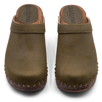 Sandgrens Handmade Swedish Wood Clogs for Women, Low Heel Mule US 9 | Athens Olive Nubuck DK, EU 40