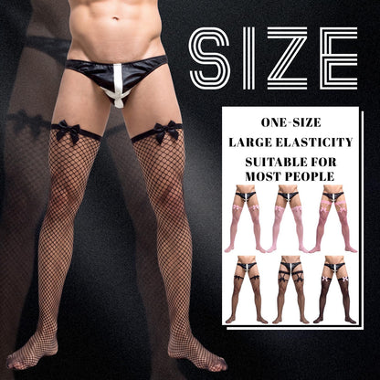 Men's Lace Fishnet Thigh High Stocking Bow 6 Pairs