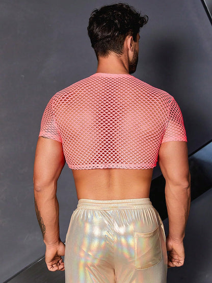 WDIRARA Men's Fishnet Mesh Tee Shirt Round Neck Short Sleeve Crop Top Hot Pink M