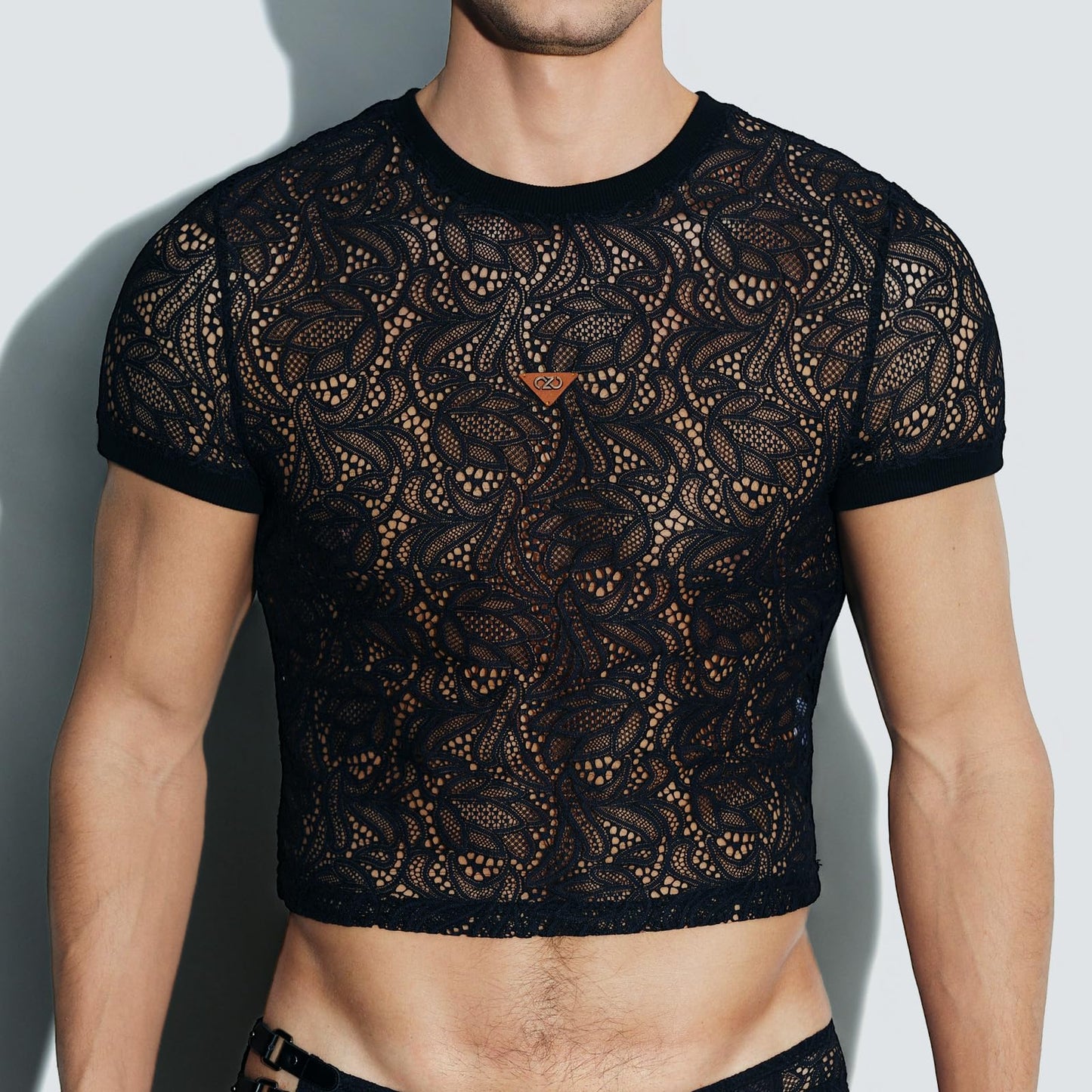 BSZN Men's Sexy T-Shirt, Black Paisley Lace Semi Transparent Crew Neck Short Sleeve Slim Fit Tailored Cut Sexy Clubwear Base Layer