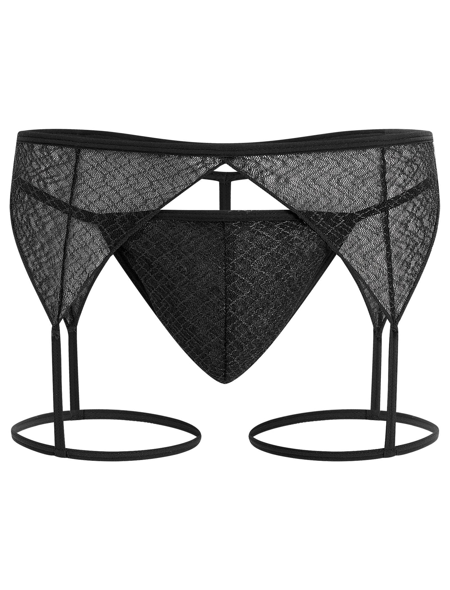 ABAFIP Men's Sissy Lingerie Sheer Mesh G-string Thong Lace Panties with Garter Band Crossdresser Underwear Black Medium